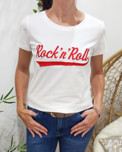 T-Shirt blanc broderie Rock'n'roll rouge