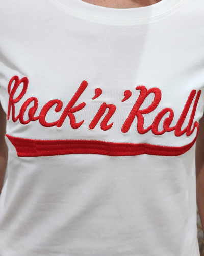 T-Shirt blanc broderie Rock'n'roll rouge