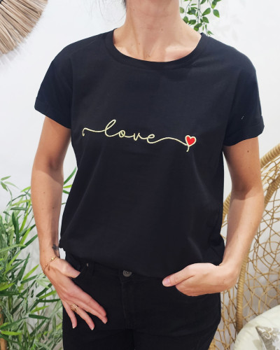 T-shirt femme noir love doré coeur rouge