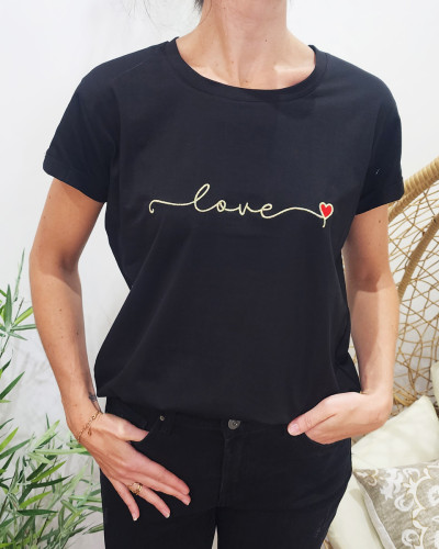 T-shirt femme noir love doré coeur rouge