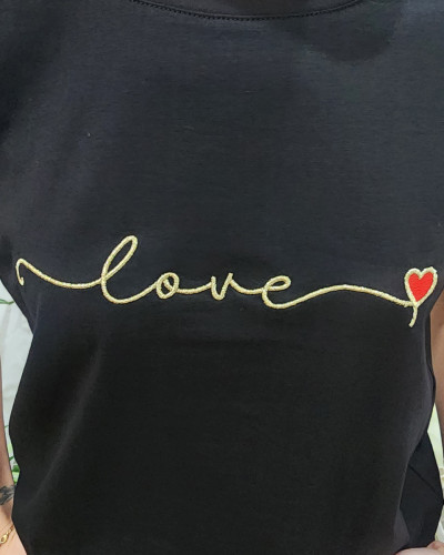 T-shirt femme noir love doré coeur rouge