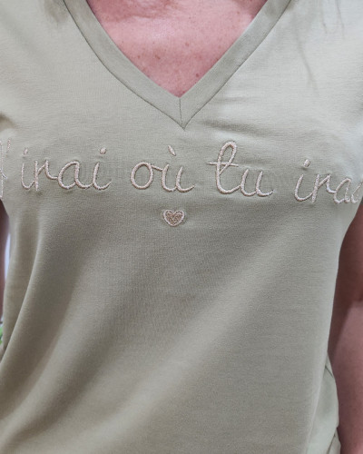 T-Shirt femme kaki J'irai où tu iras doré