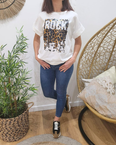 T-Shirt femme blanc ROCK léopard