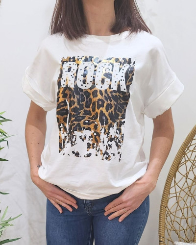 T-Shirt femme blanc ROCK léopard
