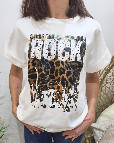 T-Shirt femme blanc ROCK léopard