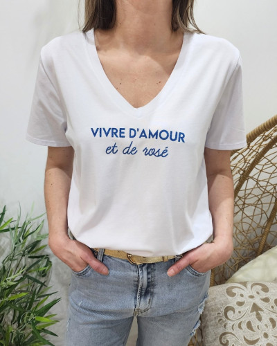 T-shirt femme blanc Vivre d'amour et de rosé pailleté