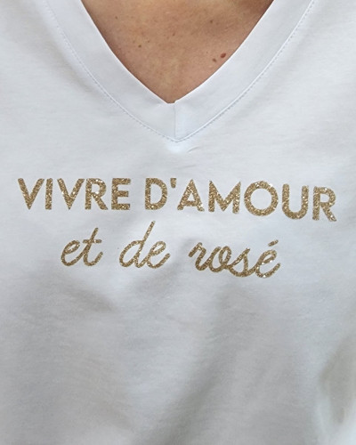 T-shirt femme blanc Vivre d'amour et de rosé pailleté