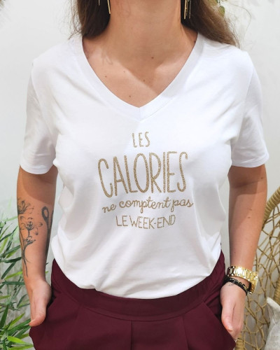 T-shirt femme blanc Les calories ne comptent pas le week-end pailleté