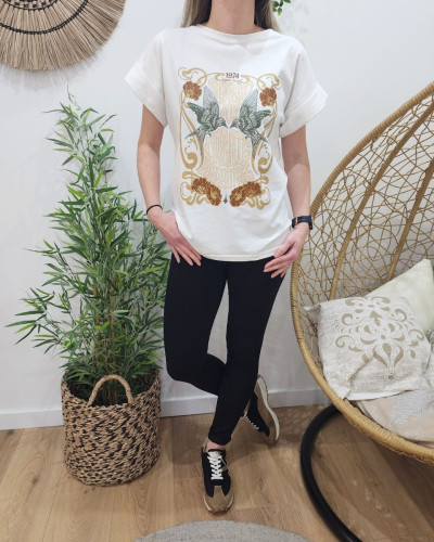 T-shirt femme blanc Spread Joy camel et kaki