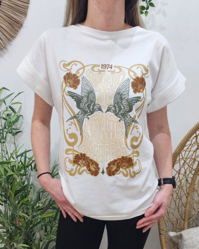 T-shirt femme blanc Spread Joy camel et kaki