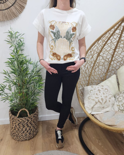 T-shirt femme blanc Spread Joy camel et kaki