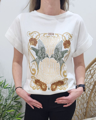 T-shirt femme blanc Spread Joy camel et kaki