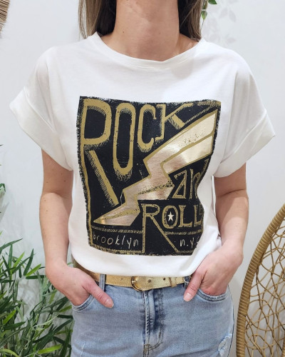 T shirt femme Rock and Roll Brooklyn NYC noir dor 25222