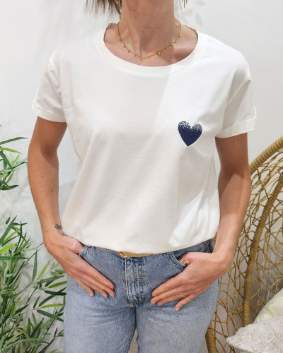 T-Shirt blanc broderie coeur dégradé