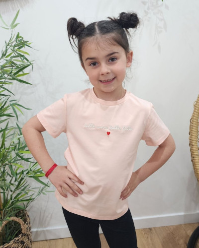 T-Shirt enfant rose poudré Telle mère telle fille blanc