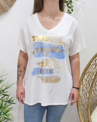 T-shirt oversize femme blanc plumes et sequins