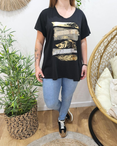 T-shirt oversize femme noir plumes et sequins
