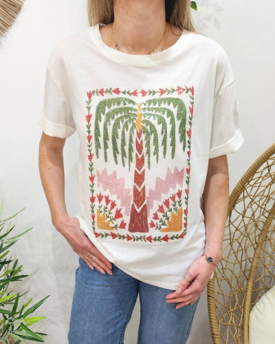 T-shirt femme blanc palmier sequins coloré