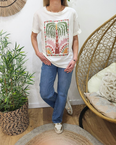T shirt femme blanc palmier sequins colore 26053