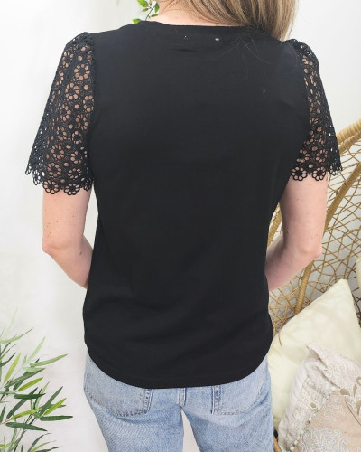 T-shirt femme noir manches brodées Léontine