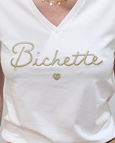 T-Shirt femme écru broderie bichette dorée