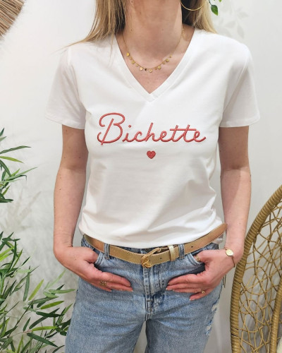 T-Shirt femme écru broderie bichette cerise