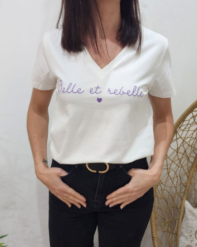 T-Shirt femme écru broderie belle et rebelle parme