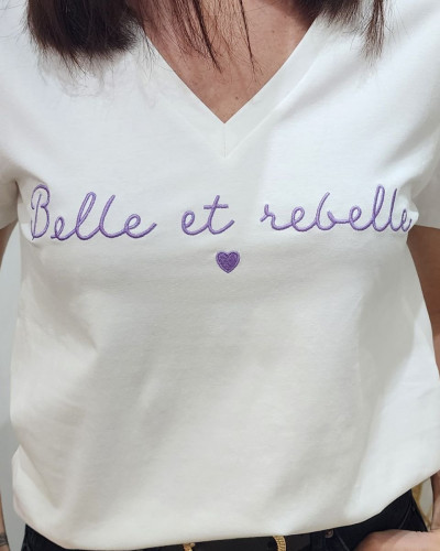 T-Shirt femme écru broderie belle et rebelle parme