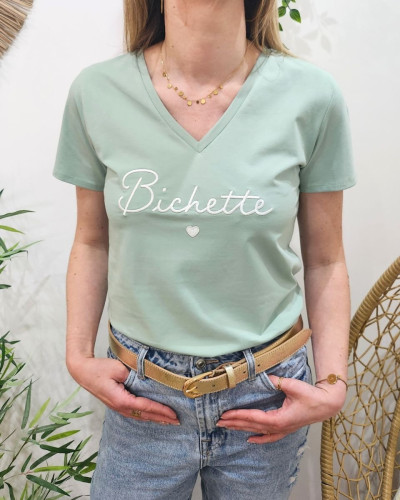 T-Shirt femme vert agate broderie bichette blanche