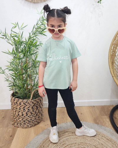 T-Shirt enfant vert agate broderie bichette blanche