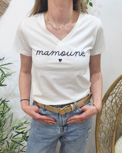 T-Shirt femme blanc mamoune marine
