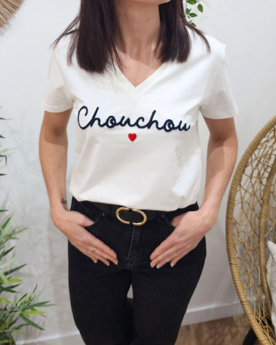 T-Shirt femme blanc chouchou marine coeur rouge