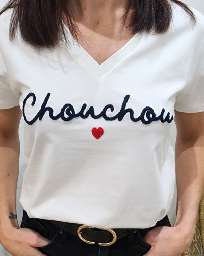 T-Shirt femme blanc chouchou marine coeur rouge