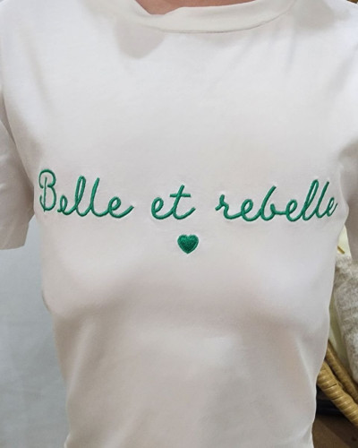 T-Shirt enfant écru broderie belle et rebelle vert