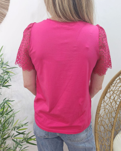 T-shirt femme rose fuchsia manches brodées Léontine