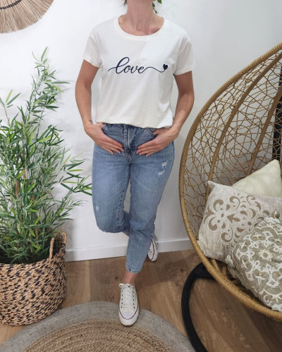 T-Shirt femme blanc broderie love coeur