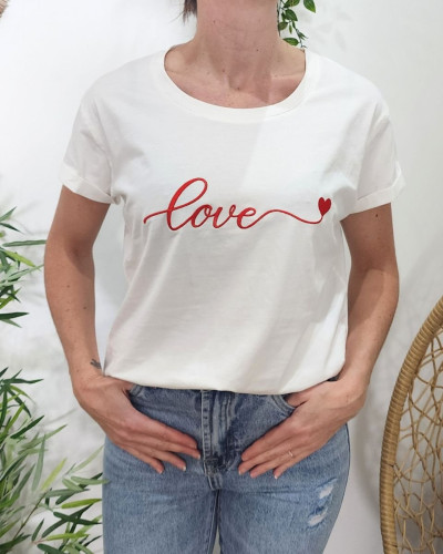 T-Shirt femme blanc broderie love coeur