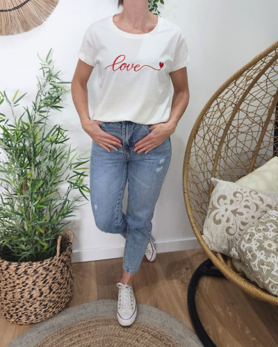 T-Shirt femme blanc broderie love coeur
