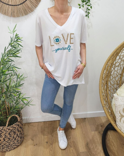 T-Shirt oversize femme blanc Love yourself doré et turquoise