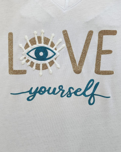 T-Shirt oversize femme blanc Love yourself doré et turquoise