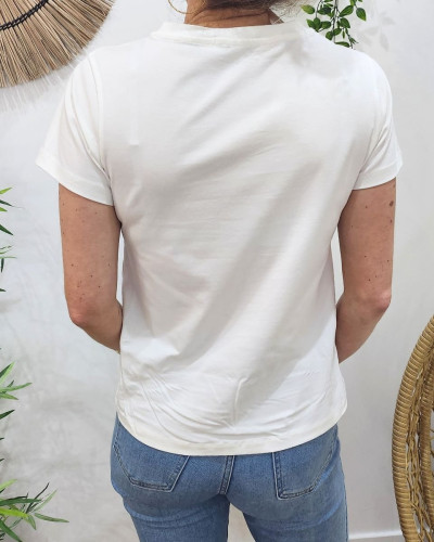 T-Shirt femme écru broderie bichette vert gazon