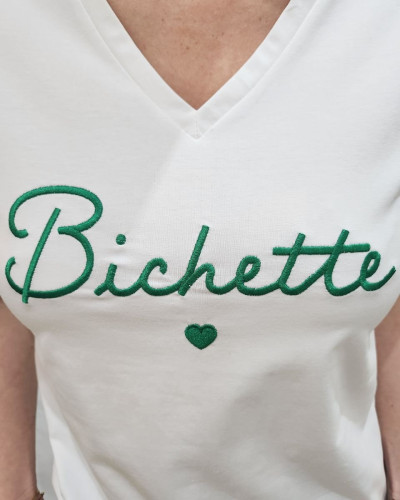 T-Shirt femme écru broderie bichette vert gazon