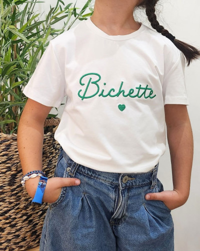 T-Shirt enfant ecru broderie bichette vert gazon