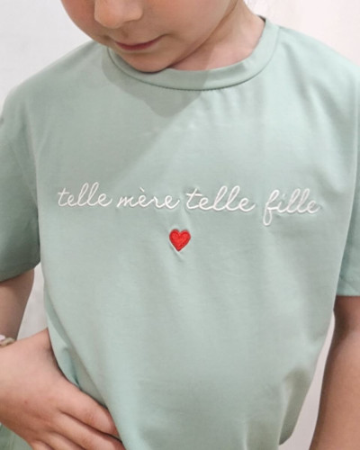 T-Shirt enfant vert d'eau Telle mère telle fille blanc