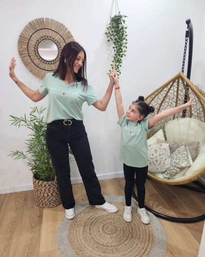 T-Shirt enfant vert d'eau Telle mère telle fille blanc