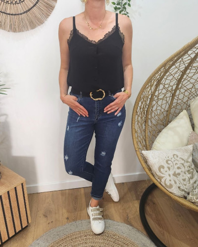 Top femme à bretelles boutonné et broderies noir Clémentine