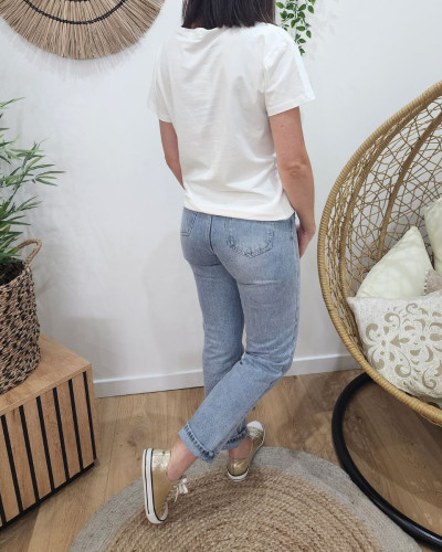 T-Shirt femme blanc broderie smile bleu roi