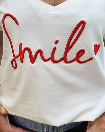 T-Shirt femme blanc broderie smile rouge