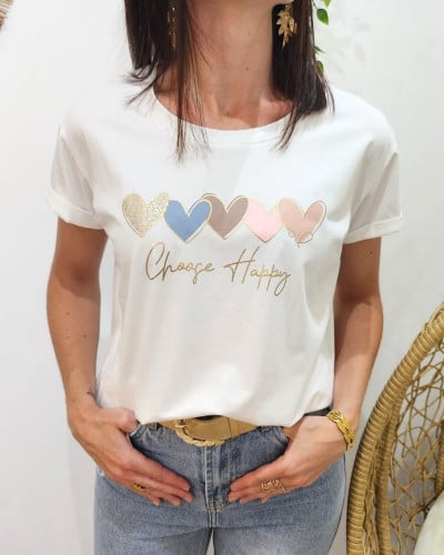 T-shirt femme blanc coeurs pastels Choose Happy Or