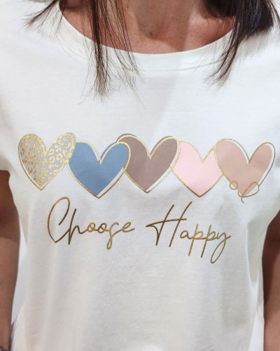 T-shirt femme blanc coeurs pastels Choose Happy Or